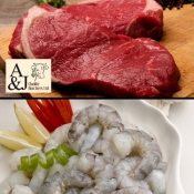 2 x 8oz Sirloin Steaks and 700g peeled King Prawns